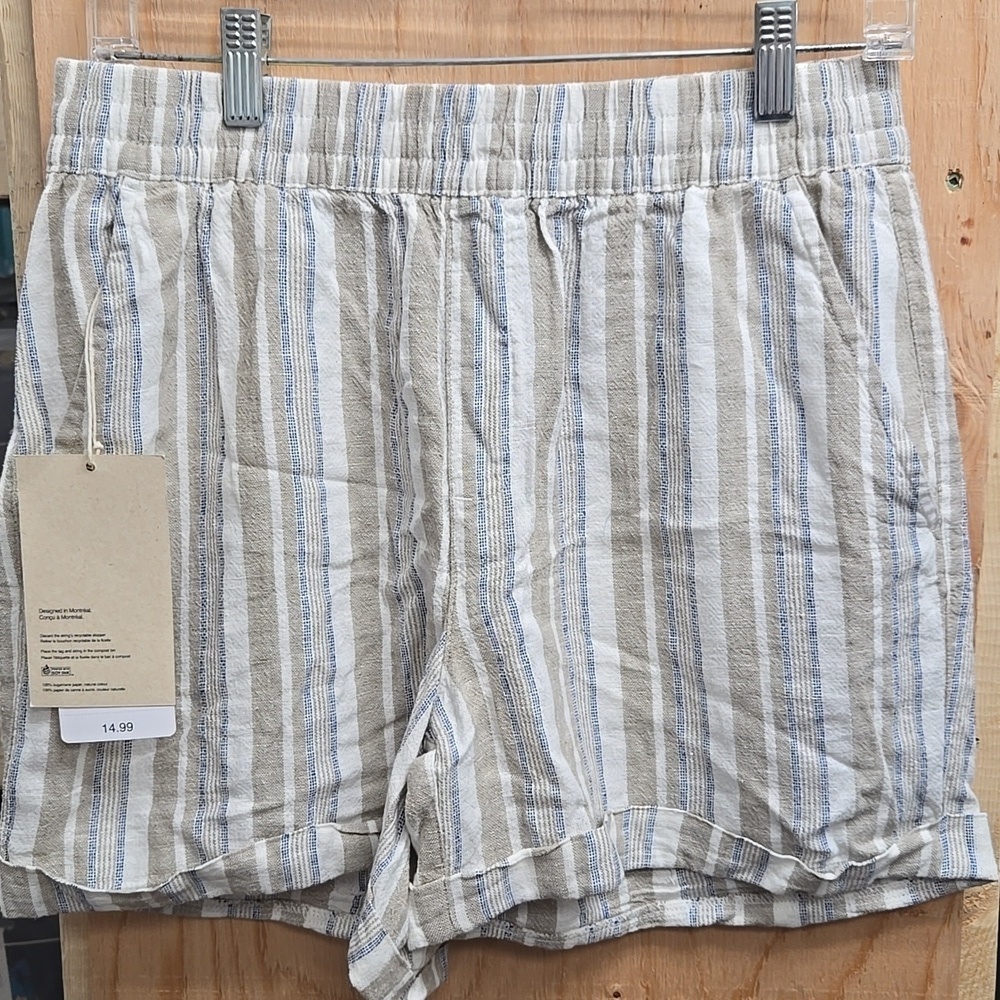 Frank & Oak Size S Beige Blue Striped Linen Blend High Waisted Shorts